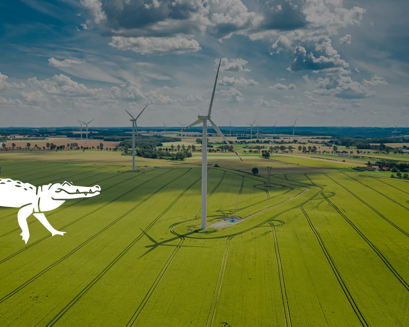 Windräder auf grünen Feldern